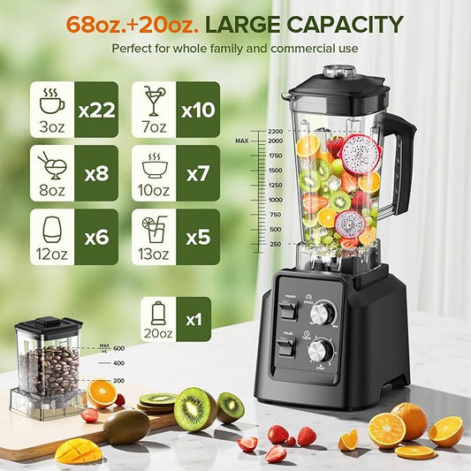 Blender, 68Oz. Countertop Blenders with 20Oz. Grinder, 28000 RPM Kitchen Blender for Smoothies, Ice Crushing, Frozen Fruits, Self-Cleaning, Speed Adjustable. Black
