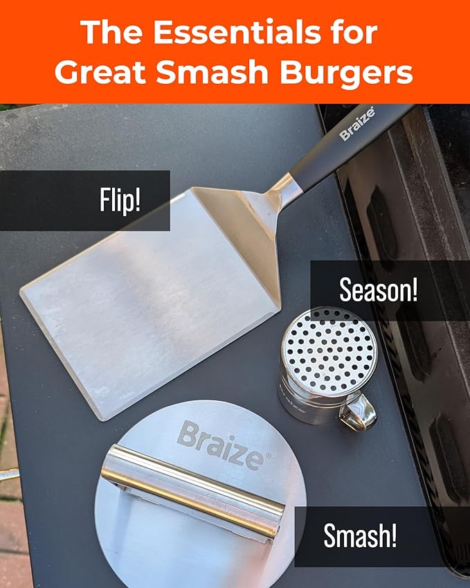 Smash Burger Press Kit – 6.5 Inch Stainless Steel Hamburger Smasher Tool – Heavy Duty Grill Press for Flat Top Griddles and Cast Iron Pans – Perfect for Crispy Smashed Burger Patty – Shaker Set