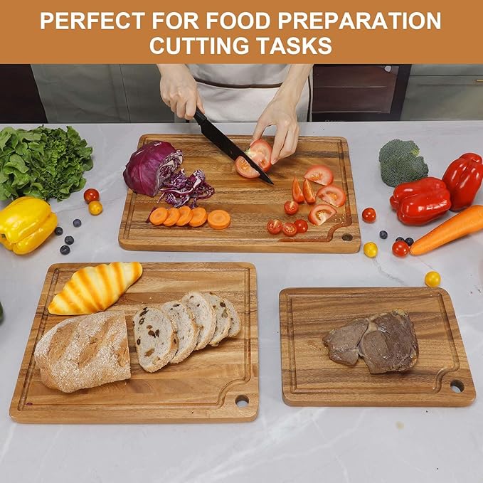 Acacia Wood Cutting Boards Set for Kitchen, Caperci Large Wooden Cutting Chopping Boards Set of 3 with Deep Juice Groove and Handle Hole for Meat, Veggies and Fruit (17x12, 14x11, 11x8 inch)