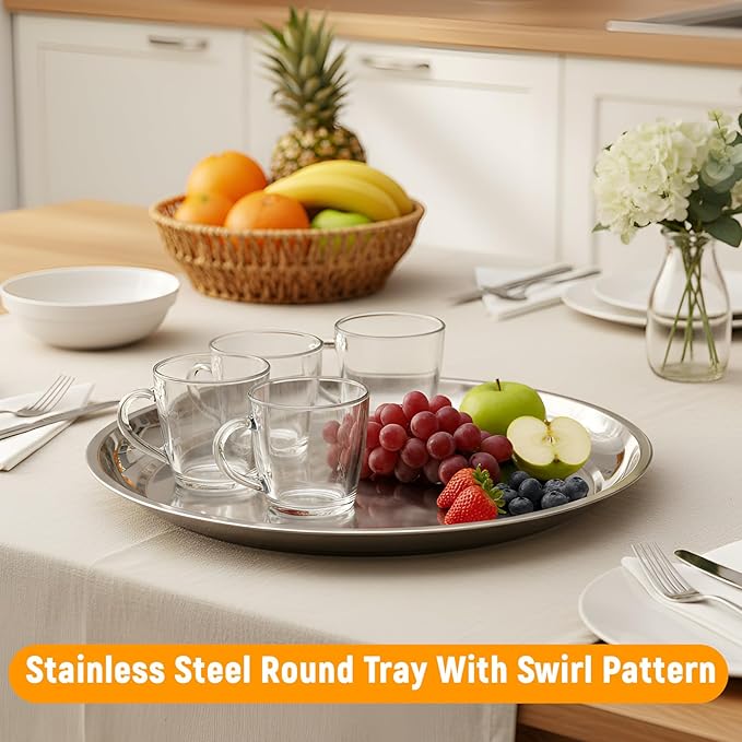 12 Pack Stainless Steel Round Serving Tray with Swirl Pattern Bulk Large Round Tray Silver Metal Display Serving Platter for Coffee Party Club Home (16 Inch)