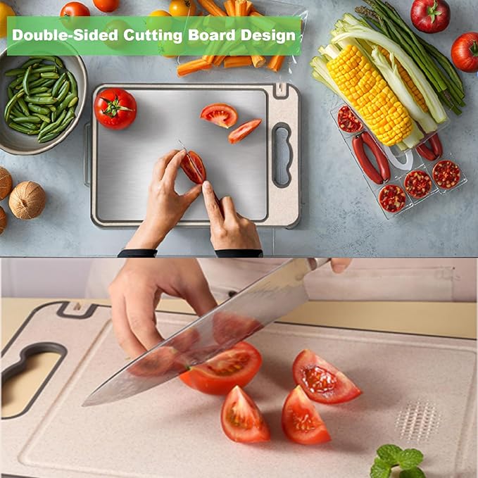 Double Sided Cutting Board for Kitchen, 304 Stainless Steel Cutting Board, 14.4"*9.8" and Wheat Straw PP, Juice Grooves, Non Slip, Reversible Chopping Board Easy to Clean, Dishwasher Safe