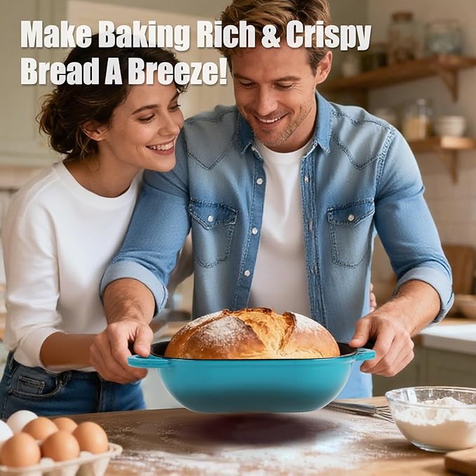 NSIRONS Enameled Cast Iron Sourdough Bread Oven, 5QT Loaf Cast Iron Bread Pan with Lid, Oval Dutch Oven for Homemade Bread Baking, Meatloaf Pan with Lid (Gradient Blue-green)