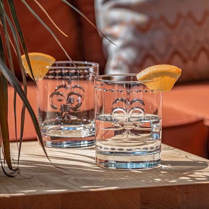 Rolf Glass Fleur De Lis Double Old Fashioned Glass | 13oz Whiskey Glass | Lead-Free and Diamond-Wheel Engraved | Proudly Made in the USA | Set of 4