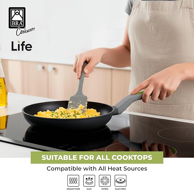 BRA COOKWARE Life Ceramic Nonstick Frying Pan | 9.5 Inch Recycled Cast Aluminum Skillet | Ceramic Non-Stick Fry Pan | PFOA Free Searing Skillet | All Cooktops (incl. Induction) | Soft-Touch Handle