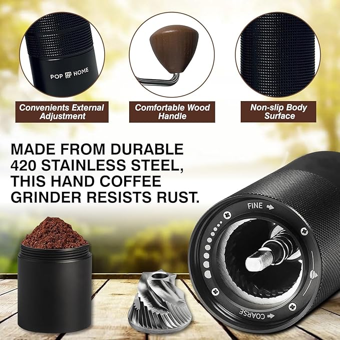 Pop and Party Manual Coffee Grinder - Stainless Steel Conical Burr Hand Mill for Espresso & French Press - Adjustable & Portable