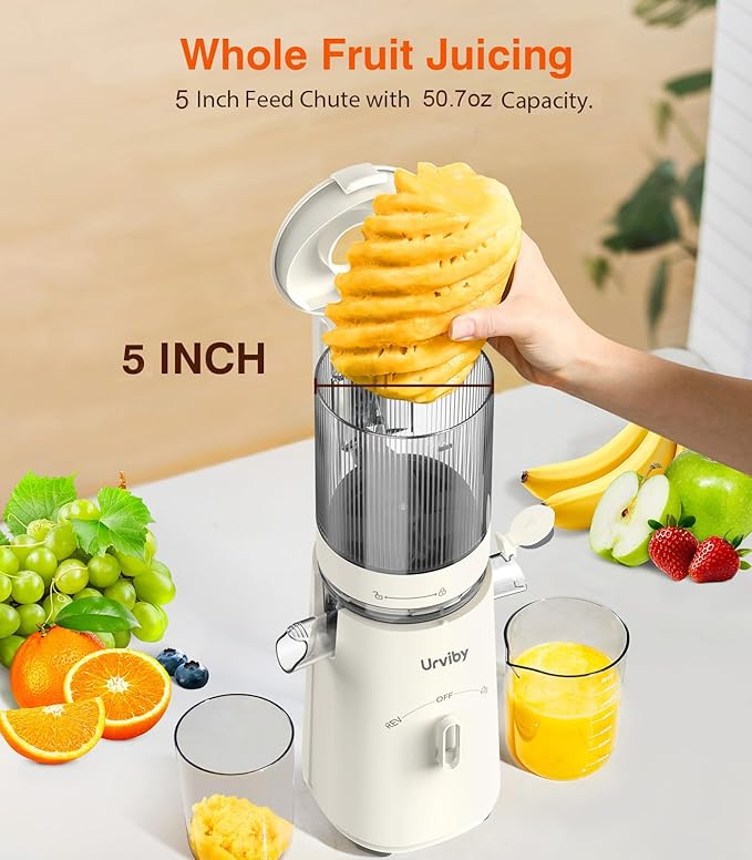 Juicer Machines, 2-in-1 Cold Press Juicer for Juice & Sorbet, suit for Vegetable and Fruit with 5-Inch Wide Chute, Powerful Masticating//High-Yield High Nutrients/Rev Mode/Easier Clean (Off-white)