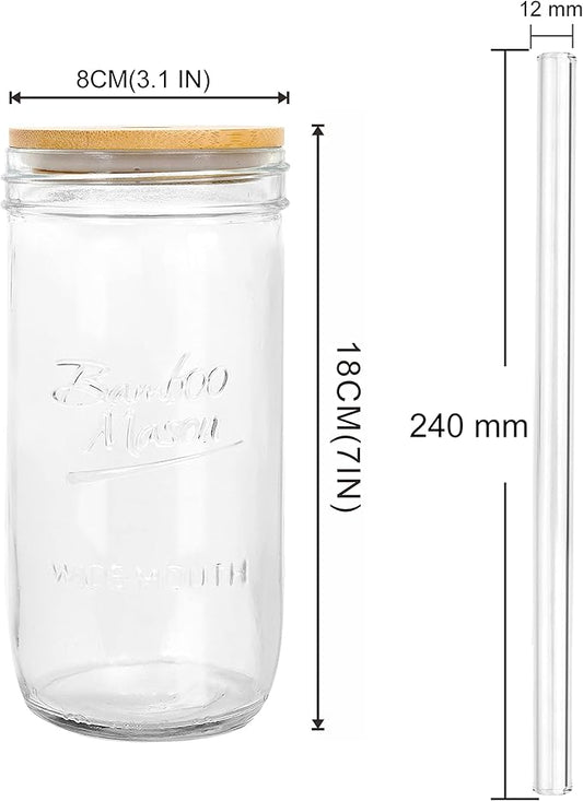 ANOTION Mason Jar with Lid and Straw, 24oz Wide Mouth Cup Reusable Drinking Glasses Tumbler Smoothie Water Bottles for Iced Coffee Margaritas Ice Cream Juice Cocktail Travel Office Home, 2 Packs