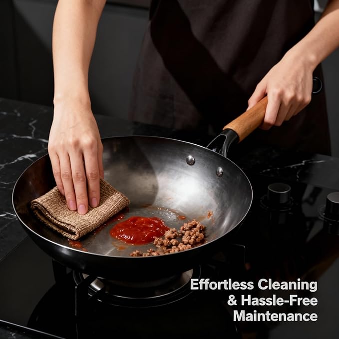 Calmabode 12 Inch Round Bottom Hand Hammered Carbon Steel Wok - Traditional Forged Stir Fry Pan, Fast Heat Conduction, No Hot Spots, Non-Toxic Uncoated for Gas Stove, Home & Professional Kitchen