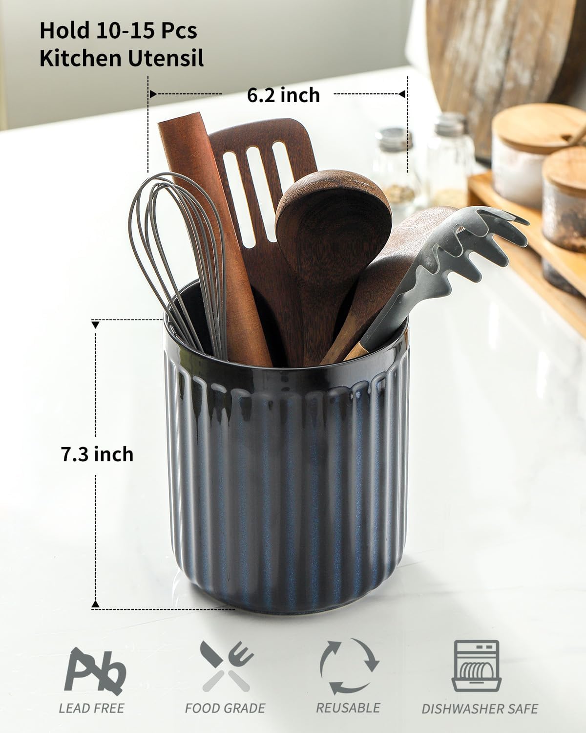 HASENSE Ceramic Utensil Holder, 7.3" x 6.2" Ribbed Utensil Crock for Farmhouse Decor, Porcelain Cooking Utensil Holder for Kitchen Countertop, Utensil Organizer for Housewarming Gift, Navy Blue