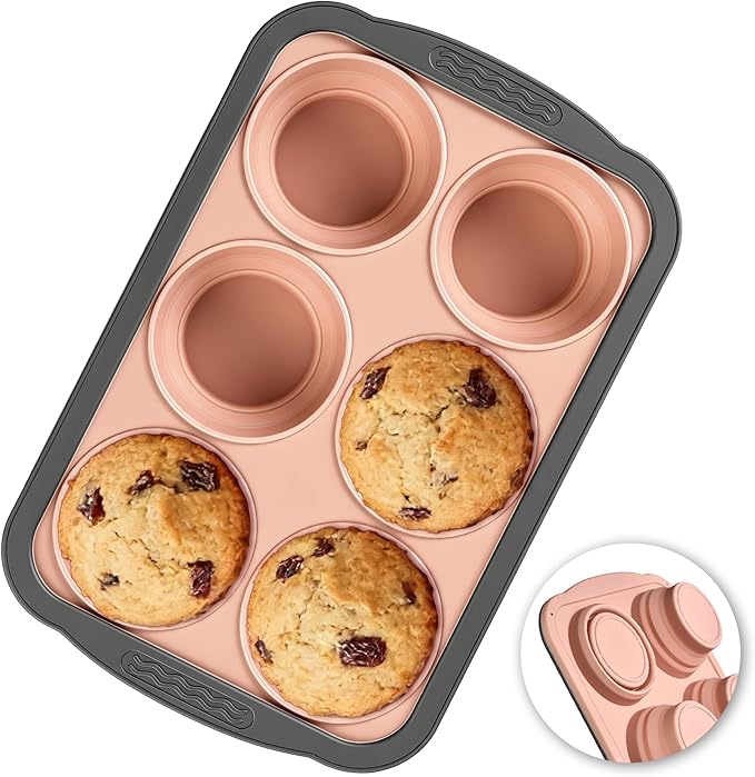HE-SANQI Silicone Muffin Pan - 6 Cups Regular Size Cupcake Pan Egg Bite Molds Muffin Pans for Baking - Nonstick, Easy to Pop, Bakeware for Oven Dishwasher Safe, BPA Free (6-Cups Pink)