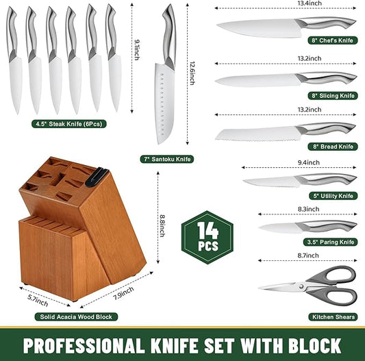 Knife Set, EWFEN 14-Piece Kitchen Knife Set with Block, German Stainless Steel Knives with Built-in Knife Sharpener, Anti-Slip Curved Handle Sharp Knives Set for Kitchen, Dishwasher Safe