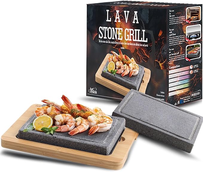 Artestia Lava Stone for Steak with 2PCS Stones, Hot Rock Tabletop Grilling Stones for Wagyu with Bamboo Tray, Mini Pizza Grilling Stones, 8.46"*6.49"
