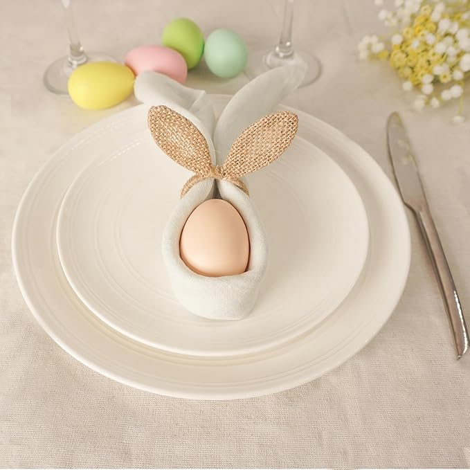 Easter Napkin Rings Set of 6, Burlap Jute Bunny Ear Napkin Rings, Rabbit Ear Napkin Ring Holders for Easter Party Banquet Dinning Spring Table Decoration
