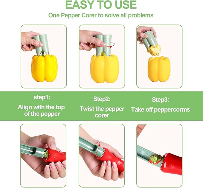 2PCS Pepper Corer,Chili Seed Remover Tool,Durable ABS Kitchen Gadget for Bell & Chili Peppers, 2-in-1 Design, Easy Twist Use, Ideal for Home Cooking, Camping(Green)