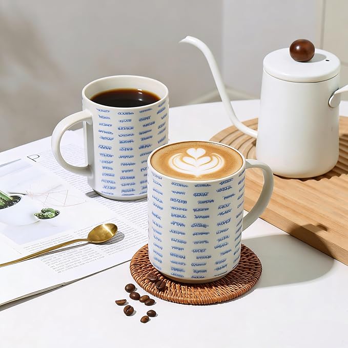 Coffee Mugs Set of 6, 17oz Ceramic Mugs with Handpainted Blue Gray Stripe Pattern, Modern Stackable Coffee Cups, Dishwasher and Microwave Safe Mugs for Home & Office