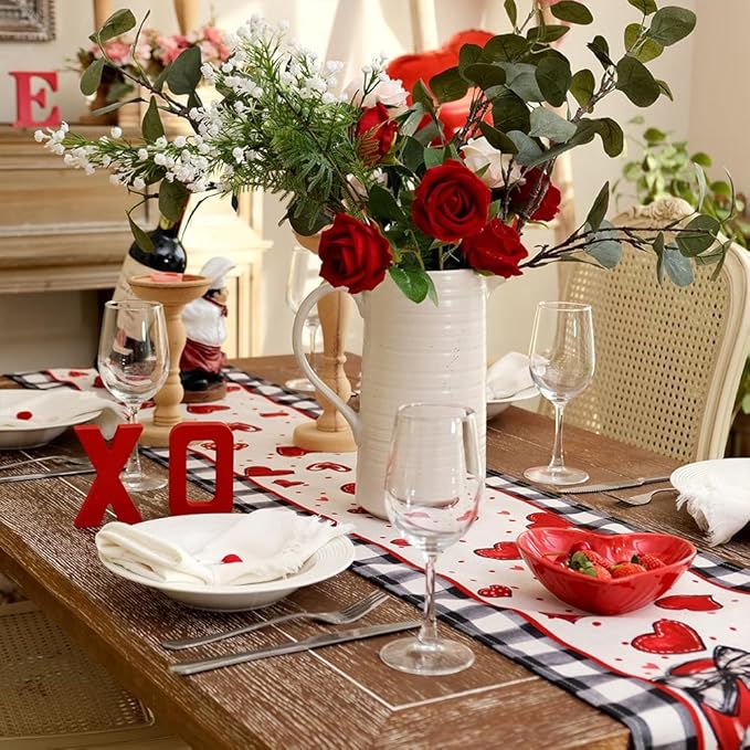 GEEORY Valentine's Day Table Runner 13 x 60 Inch, Red Hearts Polka Dots Decorative Farmhouse Table Decoration for Kitchen Dinning, Indoor Outdoor Dinner Party GT138-60