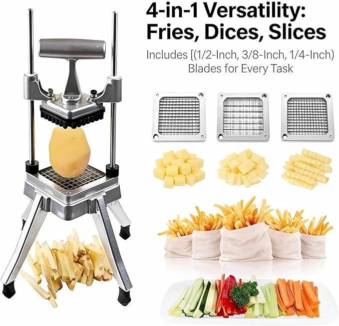 French Fry Cutter Commercial Vegetable Dicer Potato Fries Cutter Machine with 3 Blades(1/2-Inch, 3/8-Inch, 1/4-Inch) Blades,Heavy Duty Cutter for Potato Tomato Onion Mushroom