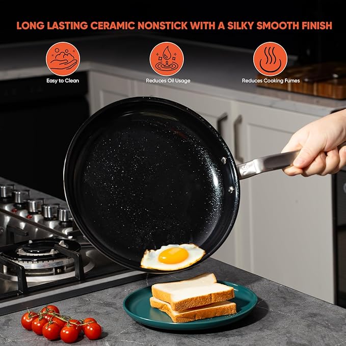 GLOBEHOME 5 Ply Ceramic Non Stick Frying Pans - 12 Inch Stainless Clad Nonstick Skillet, Toxic, PTFE & PFOA FREE, Professional Cookware for Induction, All Stoves and Oven up to 650°F