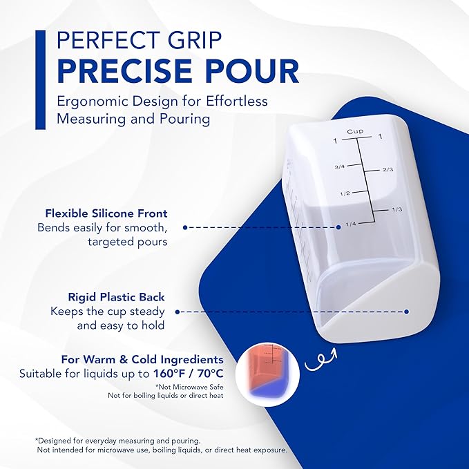 Measuring Cup Set - 2-Piece (1-Cup & 3-Cup Capacity) with Flexible Silicone Front & Rigid Back for Precise, Non-slip Pouring, Easy-Read Measurements (Cups, Oz, ML), Dishwasher Safe