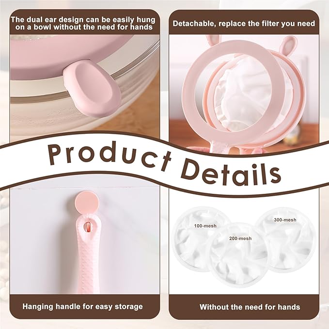 3-in-1 Fine Mesh Strainer with Detachable Sieves, 100/200/300 Mesh Strainer with Pink Handle (2 Pink)