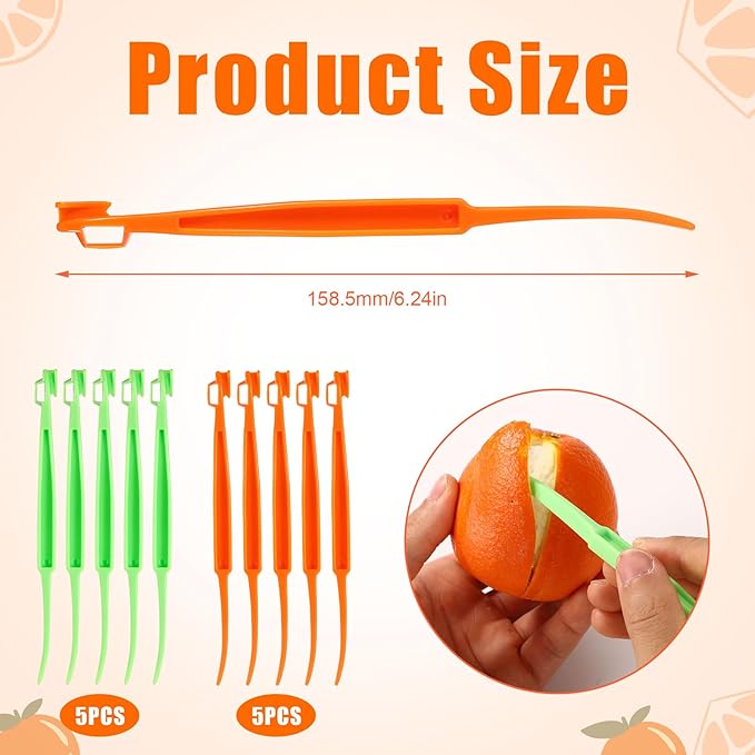 10pcs Orange Peeler Set, Plastic Orange Peeler Opener Citrus Skin Peelers with Long Handle Slicer Lemon Peel Remover Cutter Fruit Skin Peeler Kitchen Accessory Kitchen Gadget (Grass Green & Orange)
