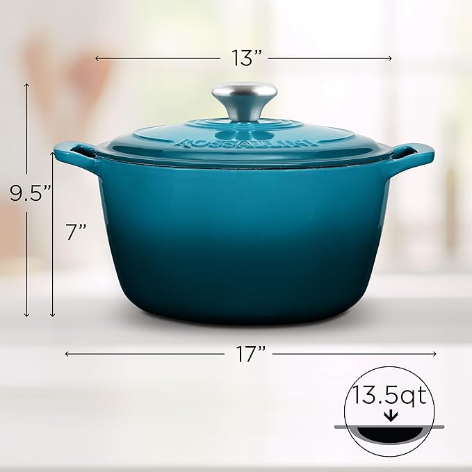 ROSSALLINI Signature Enameled Cast Iron Dutch Oven, Non-Stick Serving Pot with Tight Fitting Lid for Perfect Roasting, Baking, Sauteing, and Bread Making | 13.5Q (12.7L) - Ocean Blue