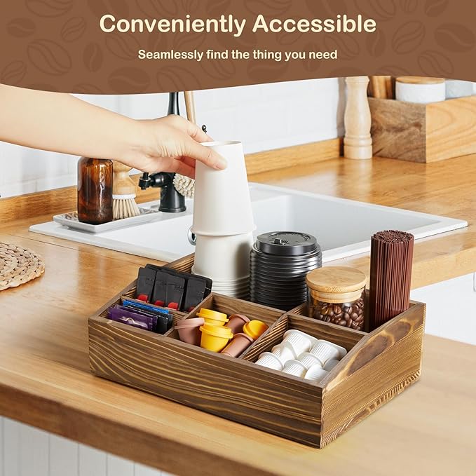 Burnt Wood Coffee Station Organizer for Countertop, Coffee Bar Accessories and Organizer, Rustic Coffee Pod Holder Storage Basket for K Cup Sugar Tea