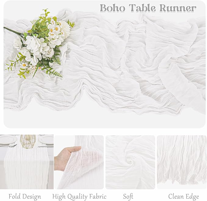 10 Pack White Cheesecloth Table Runner 10FT Boho Gauze Fabric Table Runner Vintage Rustic Sheer Runners for Wedding Party Bridal Baby Shower Long Table Decorations