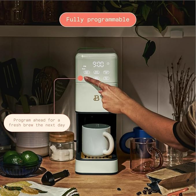 Beautiful Perfect Grind Programmable Single Serve Coffee Maker, Burr Grinder, 64 oz Reservoir, 6 Brew Sizes by Drew Barrymore (Sage Green)