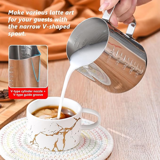 Milk Frothing Pitcher Cappuccino Coffee Milk Frother Cups Stainless Steel,12oz/20oz/34oz Steaming Pitcher Coffee Bar Espresso Machine Accessories Milk Jug,Measurements Inside(size:20oz)