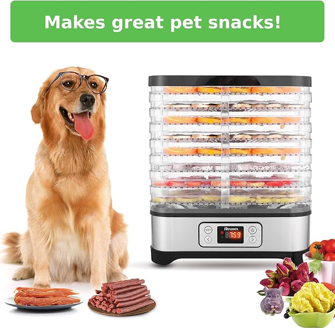 Homdox Food Dehydrator Machine, 8 BPA-Free Trays, 72H Timer & Temperature Control 158°F Max, 400W Dehydrator for Food and Jerky, Fruit, Herbs, Meat, Veggies, Dog Treats, Fruit Roll Sheet Included