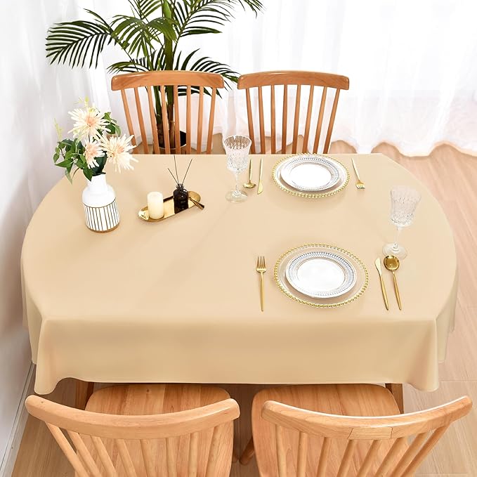 Wolkemer Large Oval Tablecloth 60 x 120 Inch Washable Fabric Table Cloth Solid Beige Table Cover for Dining Wedding Party Banquet Tabletop Decoration