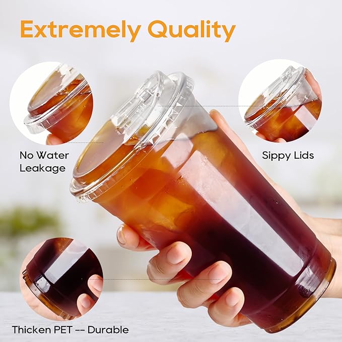 Turbo Bee 24 OZ 200 Sets Clear Plastic Cups with Strawless Sip Lids, To Go Crystal Clear Disposable Plastic Cups with Lids for Iced Coffee, Smoothies, Soda, Lemonade, Cold Beverage
