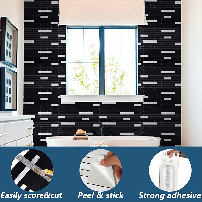 Yipscazo 2 Sheets Peel and Stick Stone Metal Backsplash, PVC Wall Tiles Stick on Tiles for Backsplash Kitchen, Bathroom, Fireplace (6'' X 12'', Black)