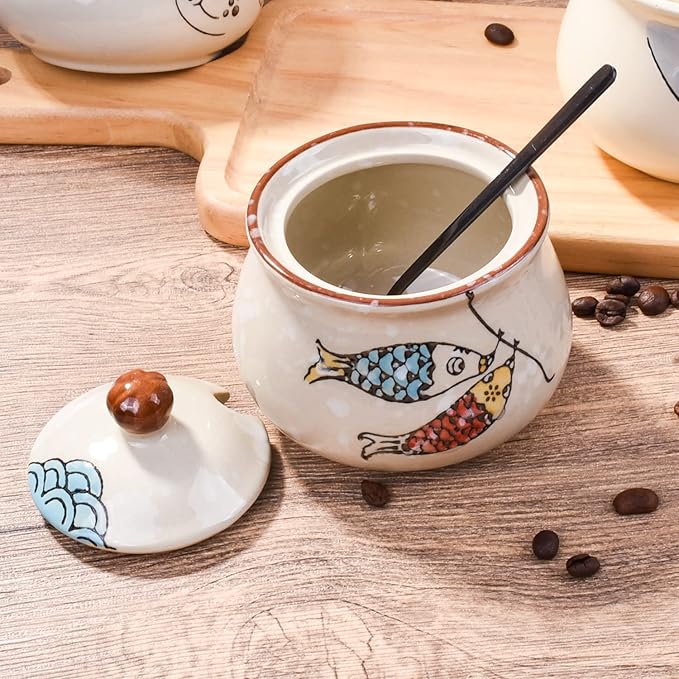 Ceramic Sugar Bowl with Lid and Spoon, Japanese Sugar Bowl with Spoon and Lid (Style 3)