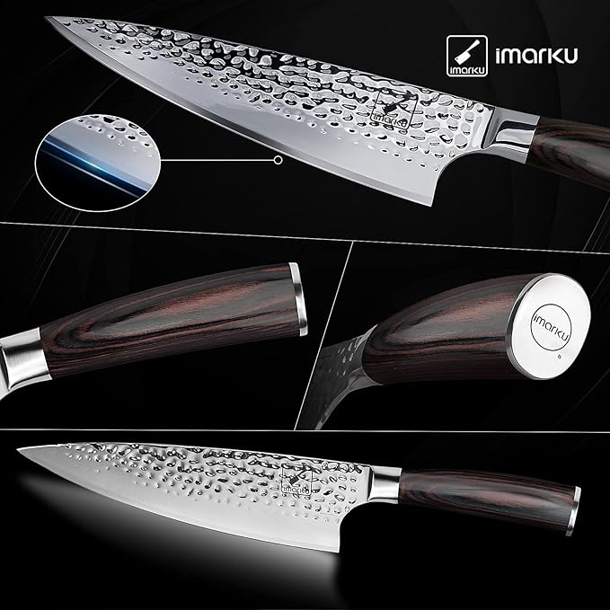 imarku Damascus Chef Knife, 8 Inch Kitchen Knife Ultra Sharp Cooking Knife HC German Stainless Steel Japanese Knife for Kitchen, Hand-Hammered Design, Ergonomic Handle, Birthday Gifts for Men Women