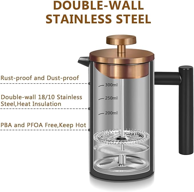WORBIC Black Mini French Press Coffee Maker 12oz, Single Cup French Press with Rose Gold Lid, 3 Extra Filters & 1 Gold Spoon(350ml Compact Travel Size) Dishwasher Safe