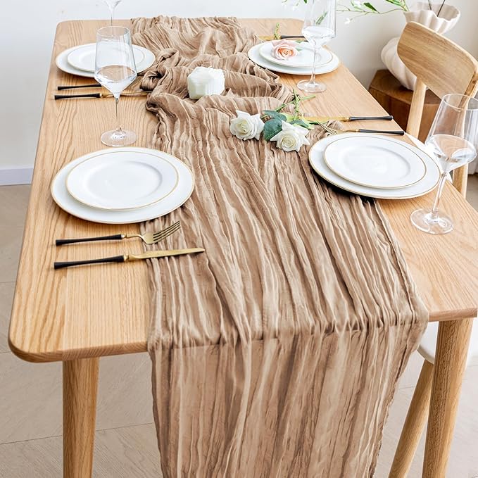 Wokceer Cheesecloth Table Runner Nude Brown 10FT Boho Gauze Cheese Cloth Table Runner for Party Long Rustic Sheer Table Runners for Baby Bridal Shower Wedding Easter Table Decor