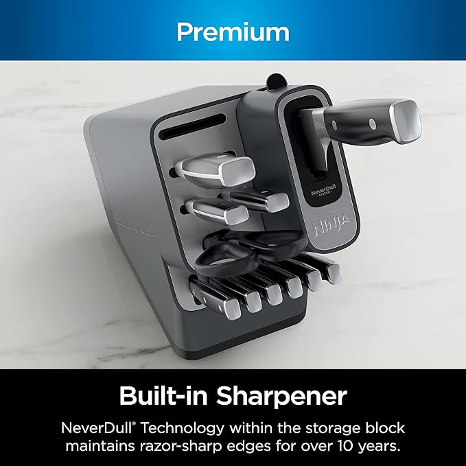 Ninja K32009 Foodi NeverDull Premium Knife System, 9 Piece Knife Block Set with Built-in Sharpener, German Stainless Steel Knives, Black
