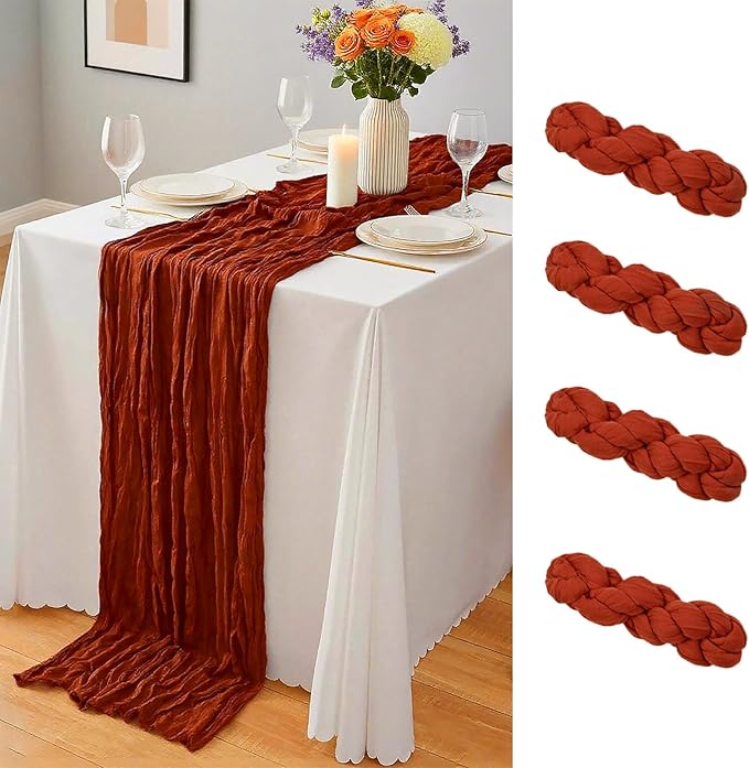 4 Pack Terracotta Cheesecloth Table Runner 10Ft, Fall Table Runner 21.5 x 120 inch, Burnt Orange Semi Sheer Cheese Cloth Fabric Thanksgiving Runner Bulk for Wedding,Party,Bridal Shower
