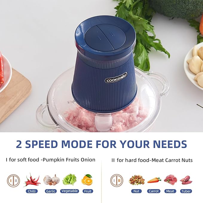 COOKZHOM 500W Food Processor, Blue Meat Grinder with Glass Bowl 8 Cup, Electric Food Chopper with 2 Sharp Blade Sets for Meat, Fruits, Vegetables, Baby Food, Nuts, 2 Speed