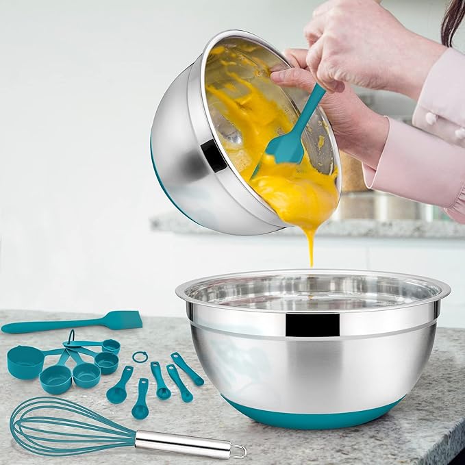 E-far Stainless Steel Mixing Bowls Set of 5, Size 7/3.5/2.5/1.5/1 QT, Metal Nesting Bowls with Teal blue Airtight Lids & Non-Slip Bottoms, Great for Kitchen Cooking, Baking, Serving, Food Prep