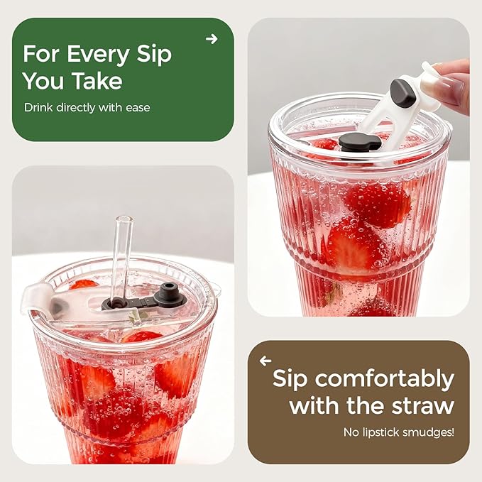 18oz Ribbed Glass Tumbler with Lids & Straws, Set of 2 -Vintage Ribbed Iced Coffee Cups, Reusable Smoothie & Cocktail Drinking Glasses - Perfect for Daily Use & Travel