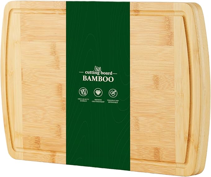 Bamboo Cutting Board, 16x10 in, 1 in Thick Wood Cheese Charcuterie Board with Deep Juice Groove & Built in Handle, Butcher Chopping Block for Kitchen
