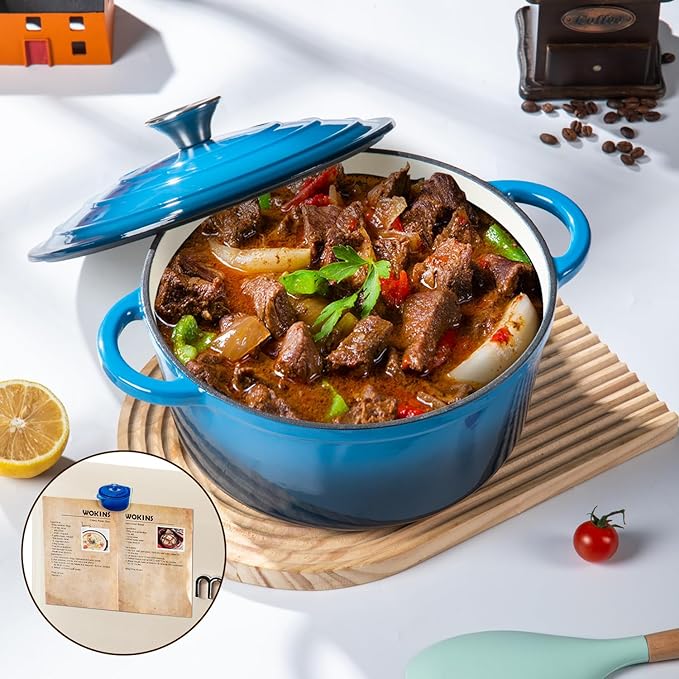 WOKINS Enameled Cast Iron Dutch Oven Pot with Lid Heavy-Duty Cookware for Bread Baking,Braising,Stews,Roasting,Oven Safe up to 500°F,5.5QT,blue