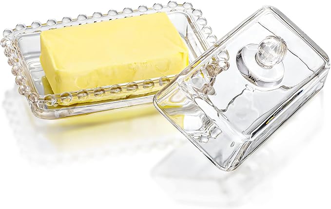 6.5'' Clear Glass Butter Dish with Handled Lid,Classic 2-Piece Design Butter Keeper For Countertop,Dishwasher Safe