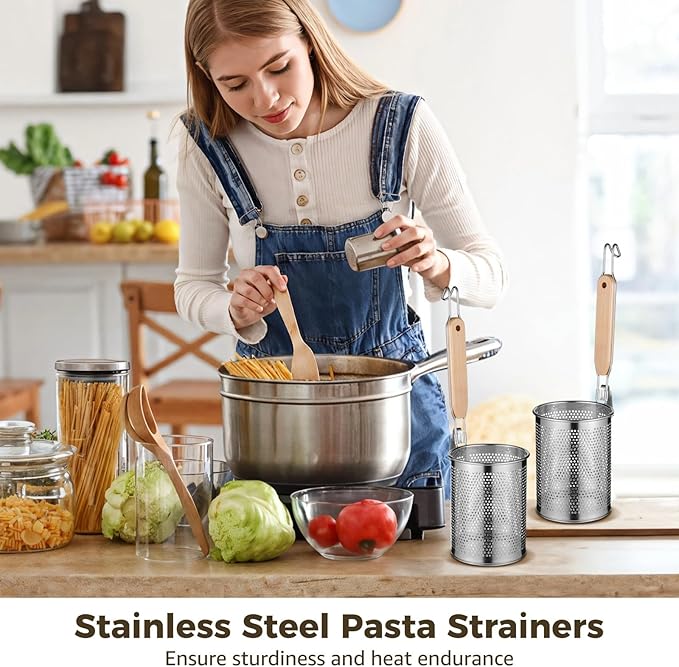 Stainless Steel Pasta Strainer, 4 Pcs Noodle Dumpling Strainers, Blanching Baskets with Wood Handle, Mesh Spider Strainer for Pasta, Noodle, Dumpling (4.6"D x 5.9"H)