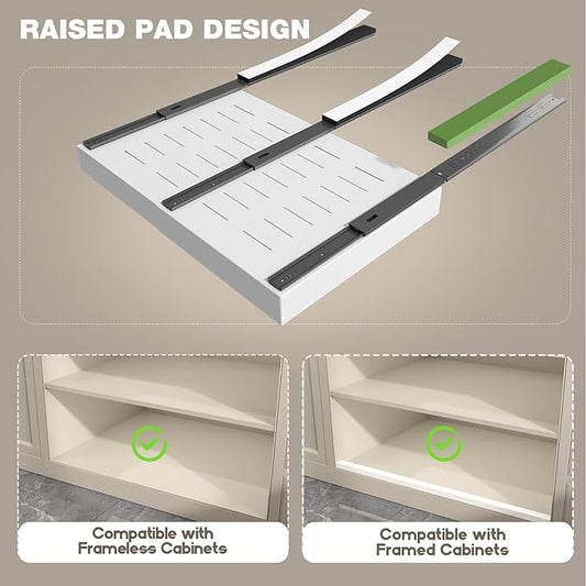 2 Pack Pull Out Cabinet Organizer 19" Deep,Full Extension 3 Slide Rails Slide Out Drawers With Raising Pad for Framed Cabinets,Expandable Width (15.4"-26.2"),No Drill Roll Out shelf,White