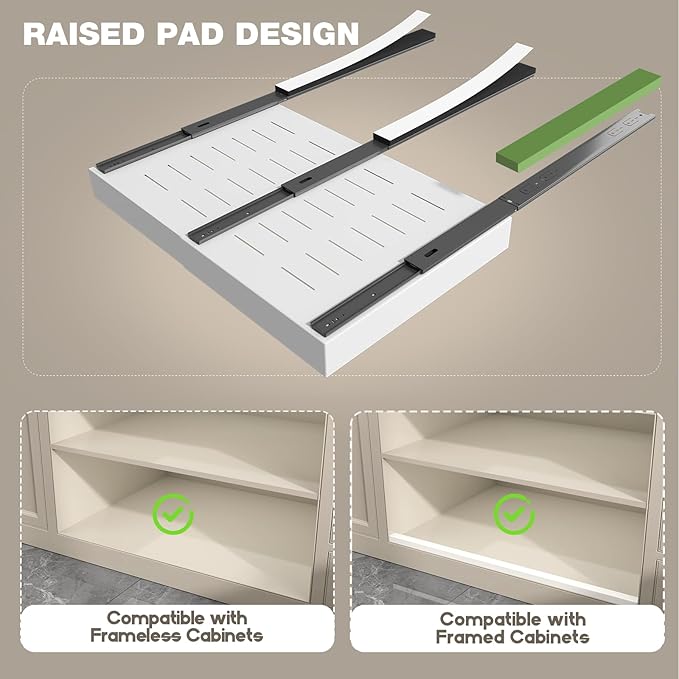 2 Pack Pull Out Cabinet Organizer 18" Deep,Full Extension 3 Slide Rails Slide Out Drawers With Raising Pad for Framed Cabinets,Expandable Width (15.4"-26.2"),No Drill Roll Out shelf,White