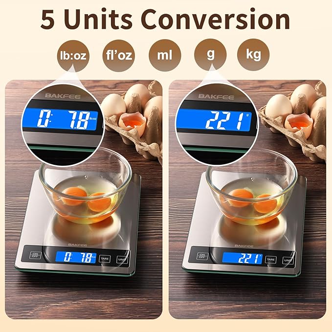 BakFee Food Scale, 33lb Digital Kitchen Scale with Stainless Steel & Tempered Glass, USB Rechargeable, 1g / 0.05oz Precise Graduation, Waterproof and Sturdy Surface, for Cooking, Baking, Weight Loss